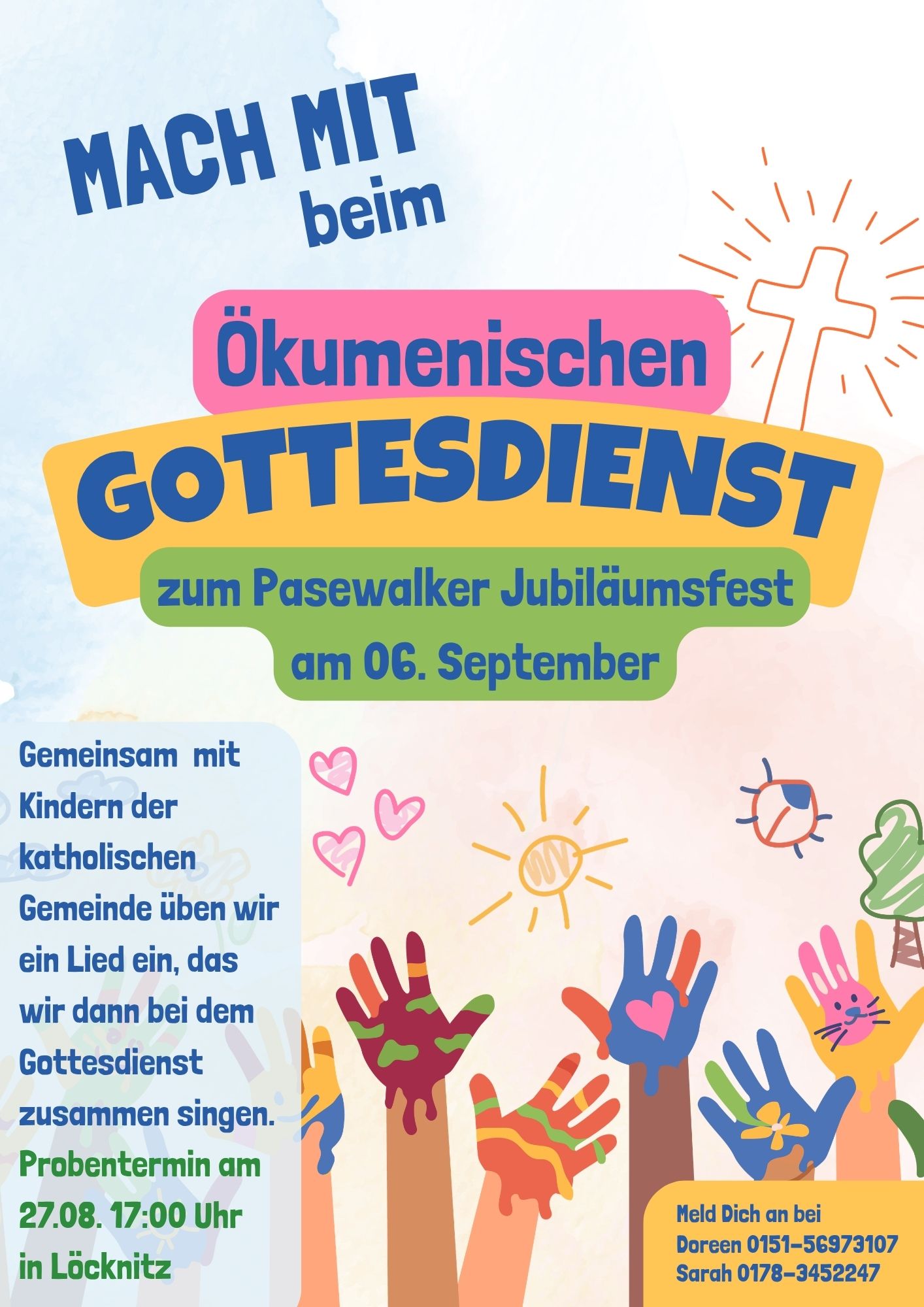 Einladungsflyer für Kinder zum Ökumenischen Gottesdienst beim Pasewalker Jubiläumsfest am 6. September. Bunt gestaltet mit strahlendem Kreuz, Sonne, Herzen und bunt bemalten, hochgestreckten Händen.